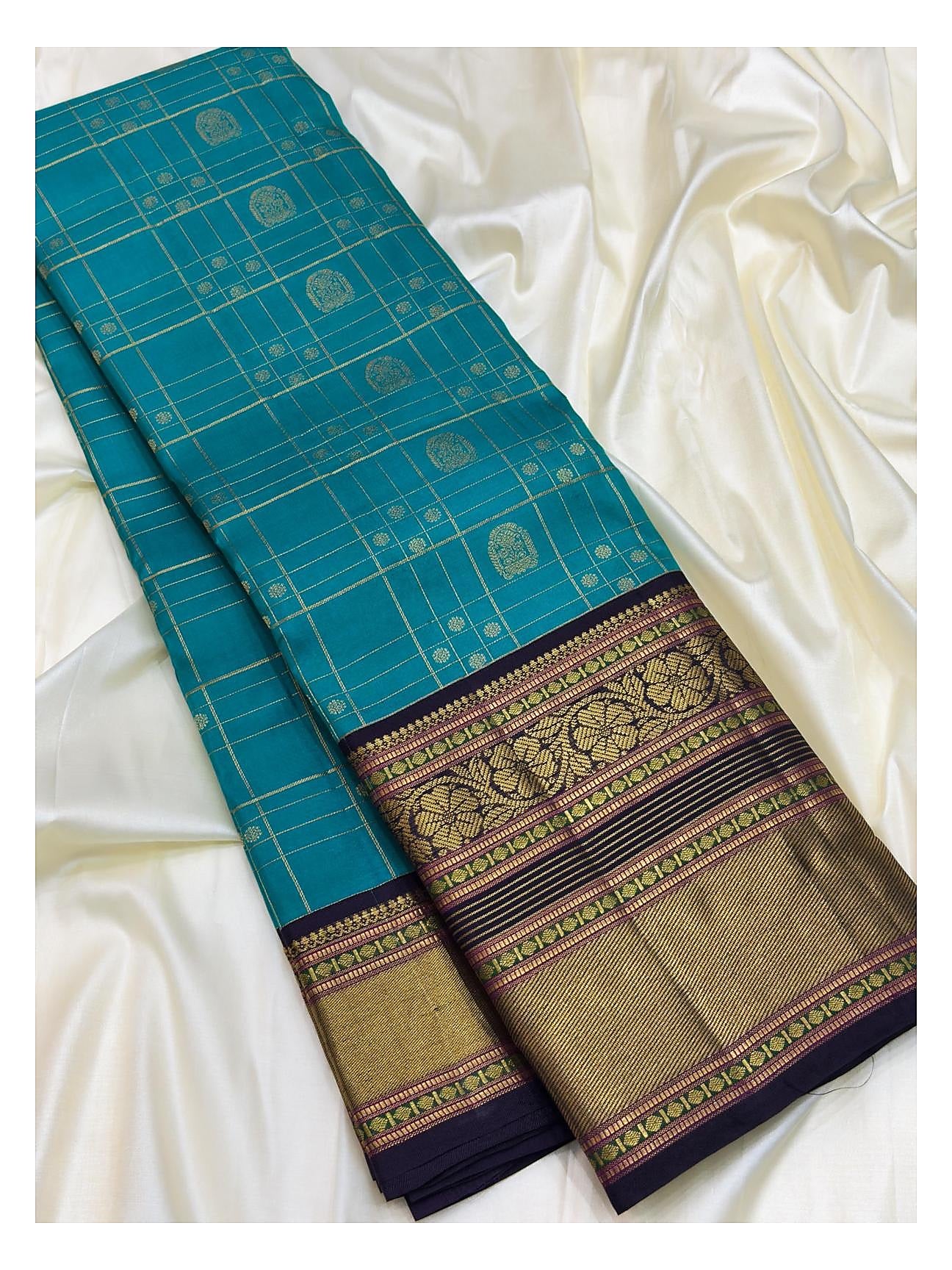 Aqua Blue Pure Silk Saree with Gold Check Buttas and Navy Contrast Zari Border