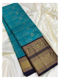 Aqua Blue Pure Silk Saree with Gold Check Buttas and Navy Contrast Zari Border