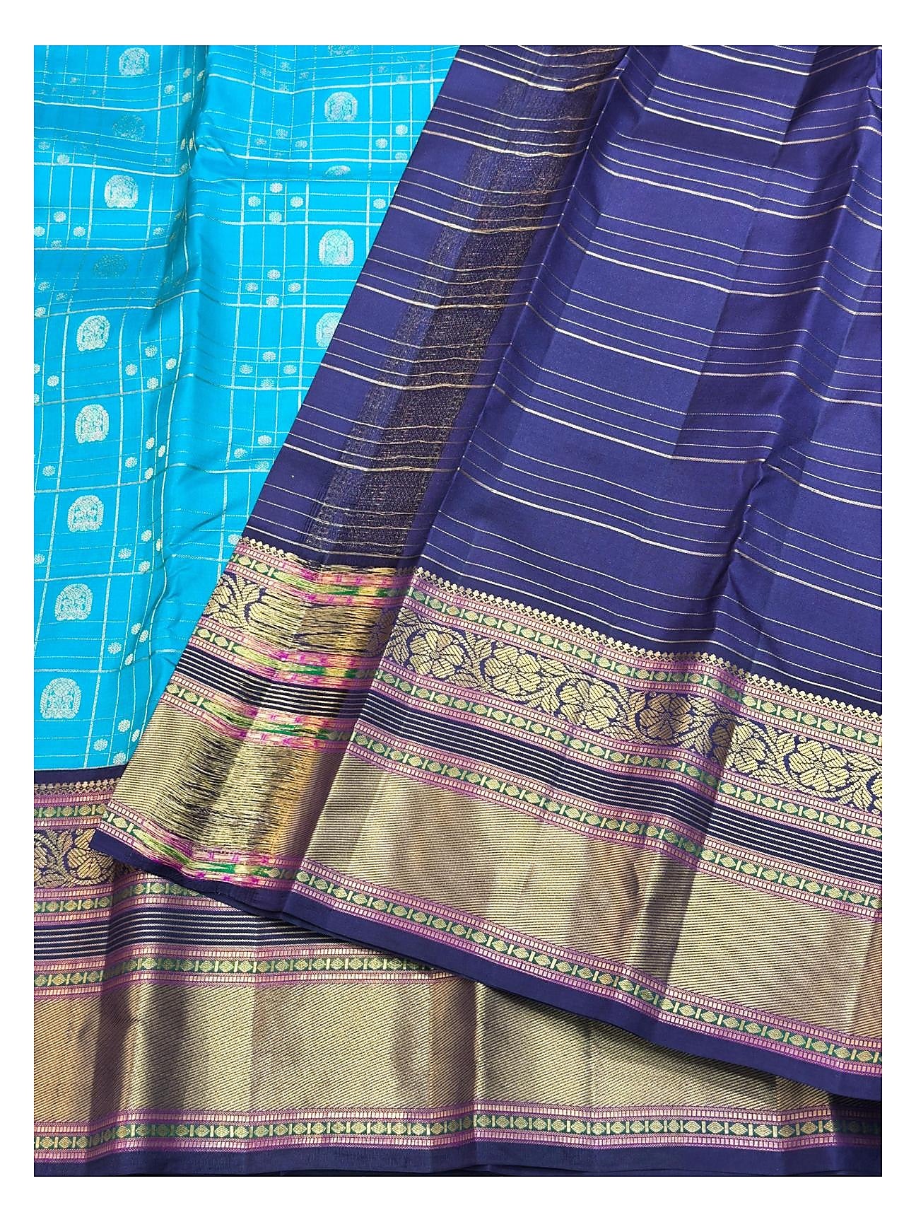 Aqua Blue Pure Silk Saree with Gold Check Buttas and Navy Contrast Zari Border