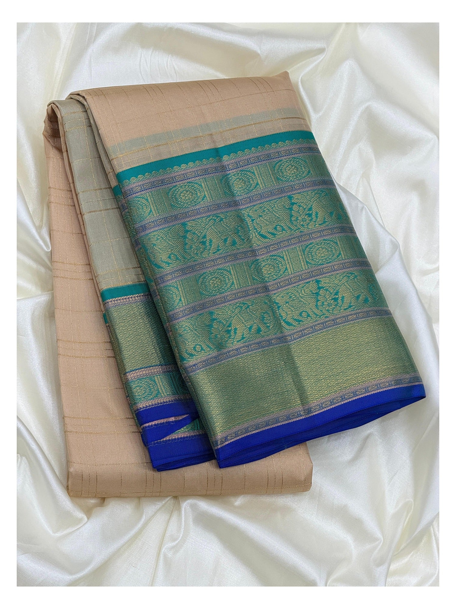 Beige Pure Silk Saree with Teal Elephant Motif Border and Royal Blue Edge front view