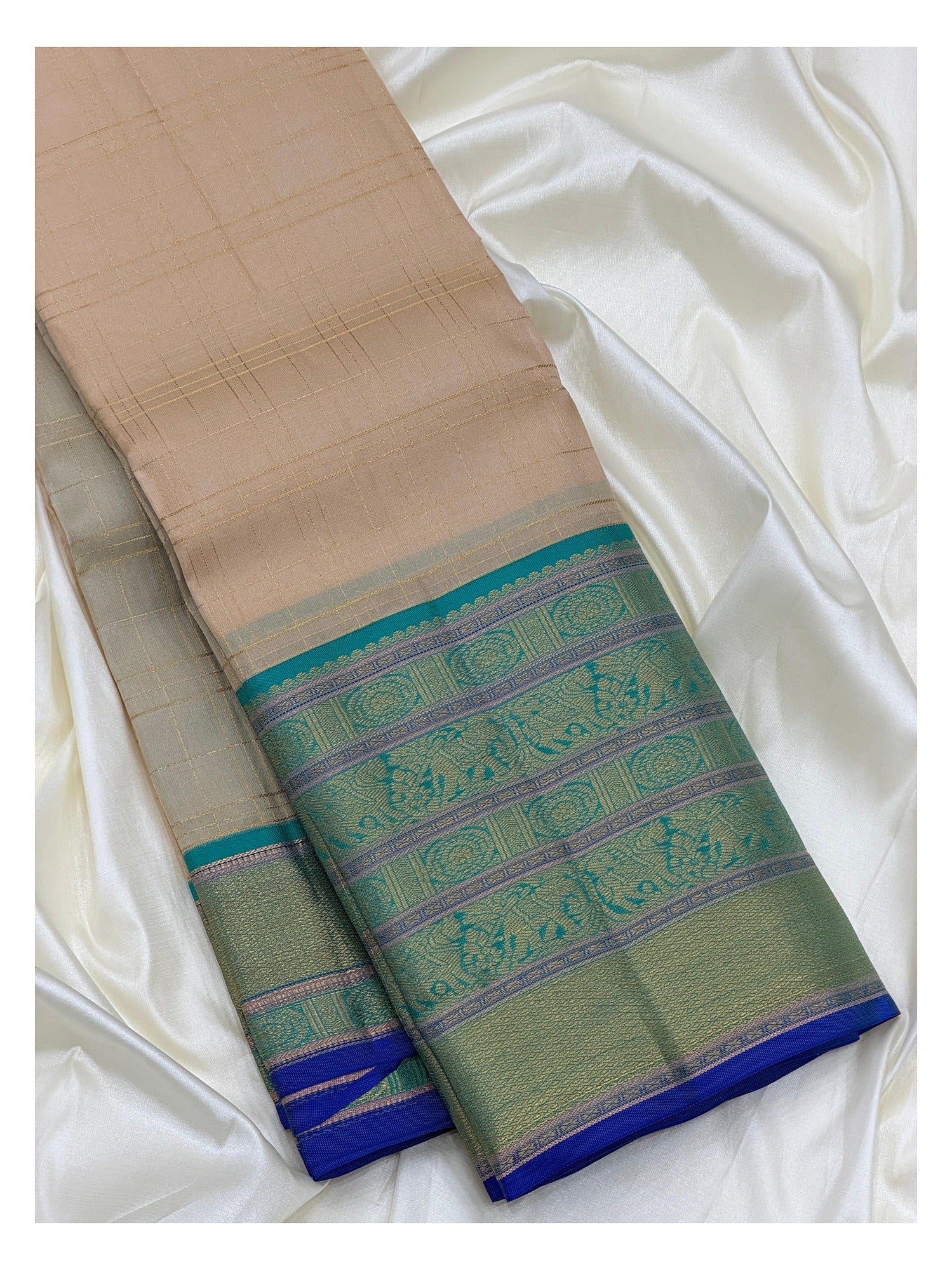 Beige Pure Silk Saree with Teal Elephant Motif Border and Royal Blue Edge