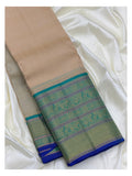 Beige Pure Silk Saree with Teal Elephant Motif Border and Royal Blue Edge