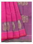 Bright Pink Budget Handwoven Kanchipuram Silk Saree with Violet Floral Zari Border front view