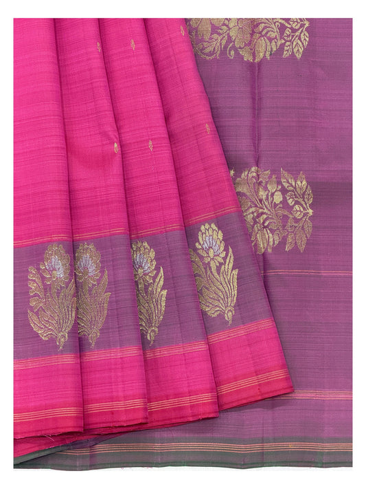 Bright Pink Budget Handwoven Kanchipuram Silk Saree with Violet Floral Zari Border front view