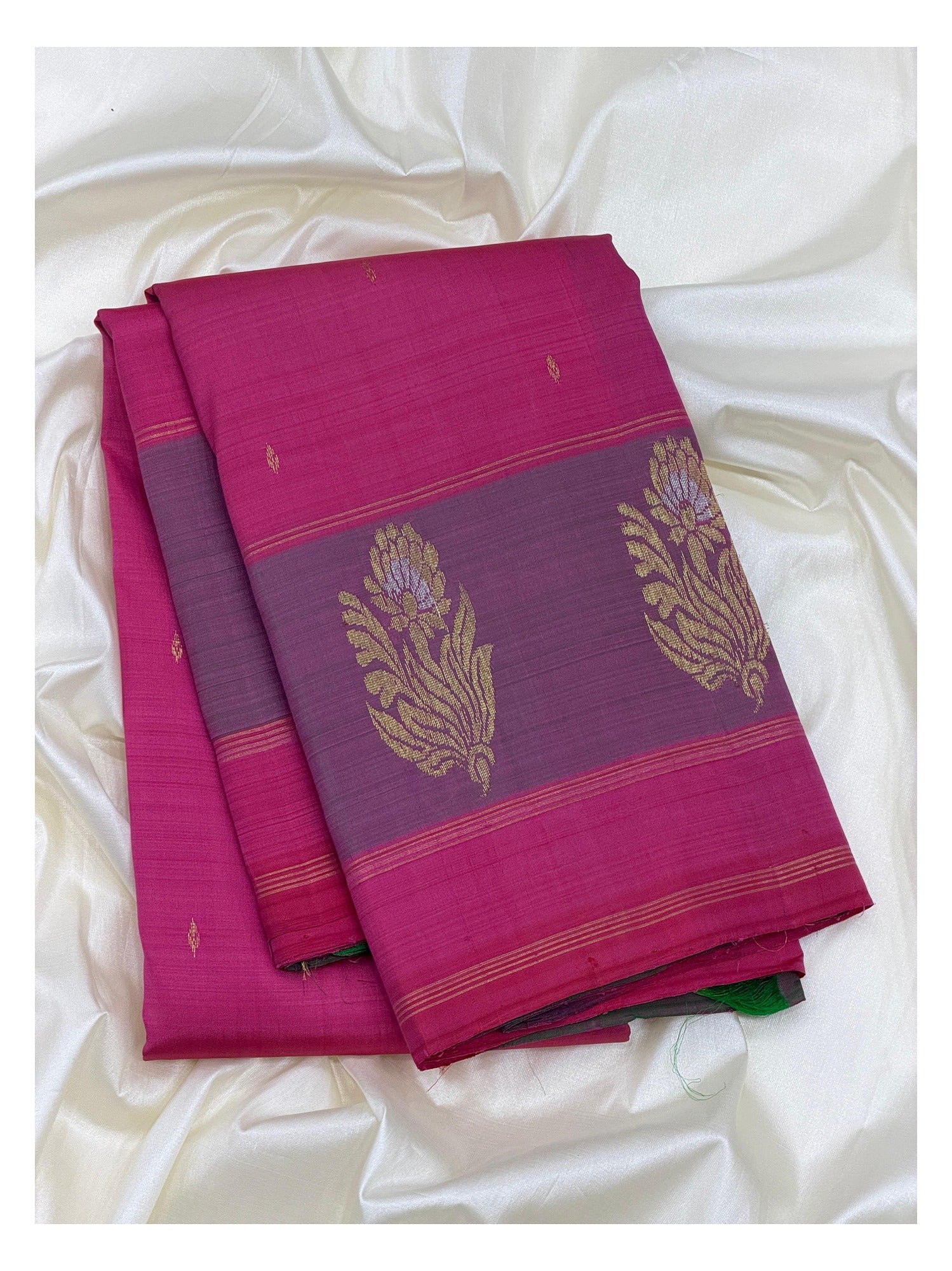 Bright Pink Budget Handwoven Kanchipuram Silk Saree with Violet Floral Zari Border