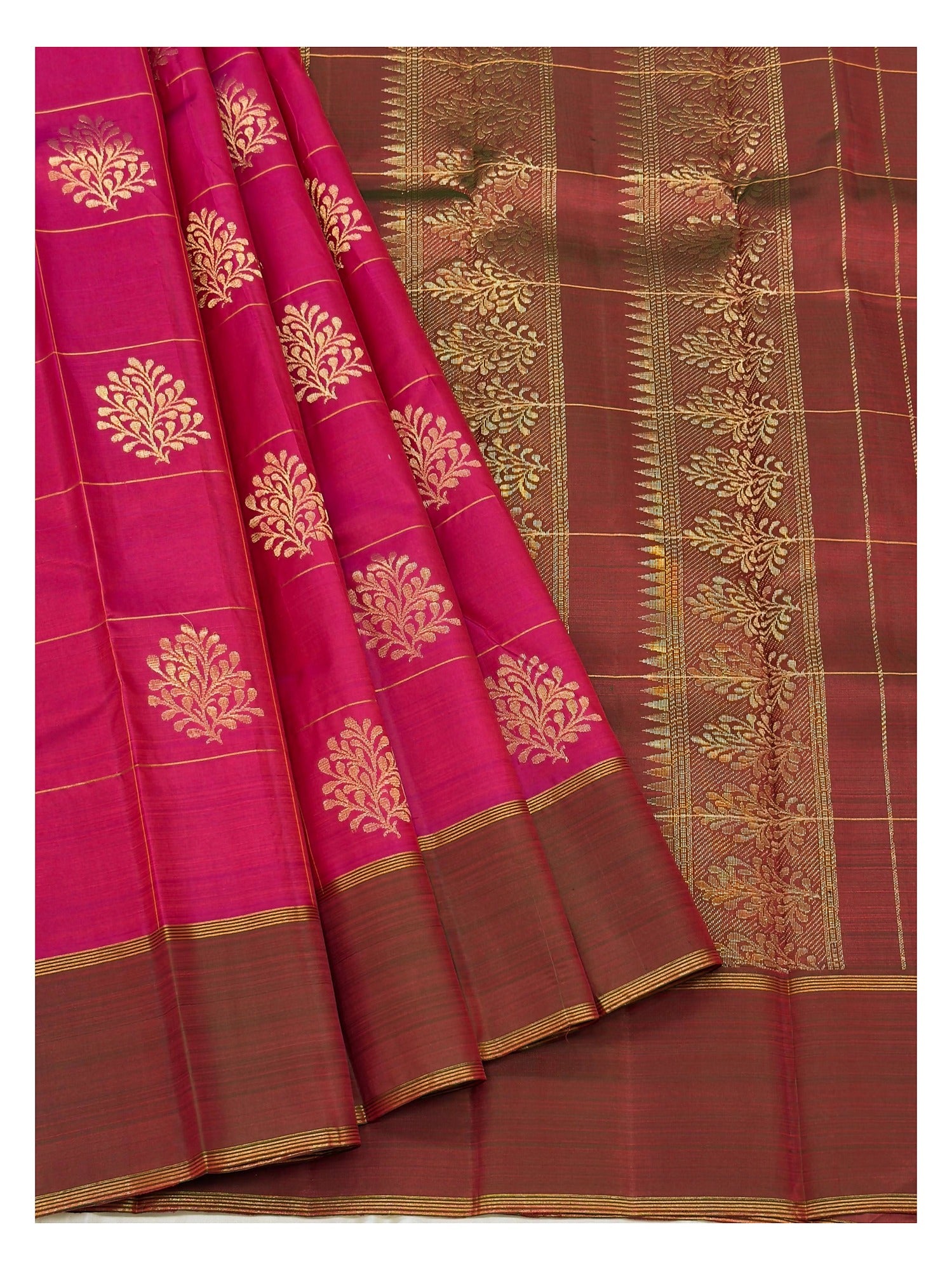 Bright Pink Handwoven Kanchipuram Silk Saree with Gold Butta Checks and Copper Brown Border