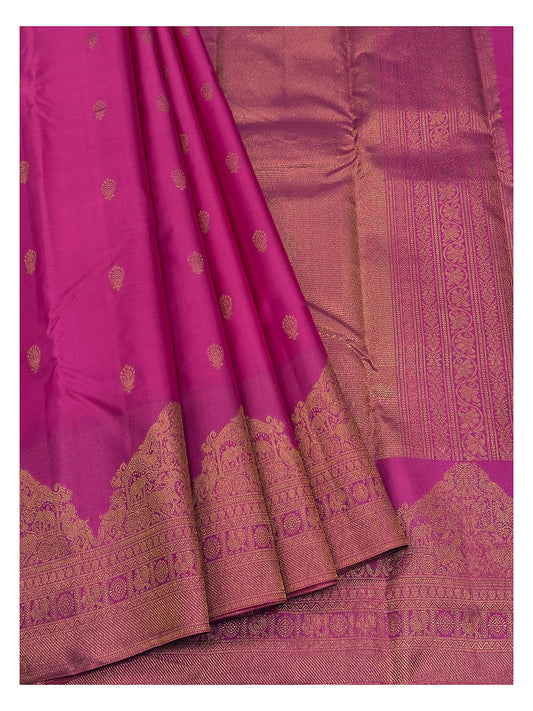 Bright Pink Handwoven Kanchipuram Silk Saree with Gold Buttas and Figurative Woven Pallu