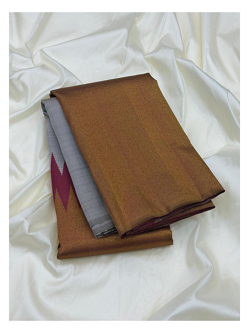 Copper Gold Handwoven Kanchipuram Silk Saree with Rose Pink Pallu and Silver Grey Contrast front view