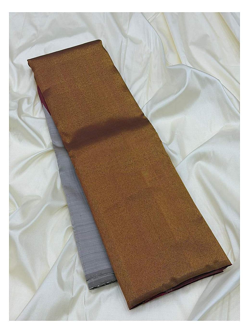 Copper Gold Handwoven Kanchipuram Silk Saree with Rose Pink Pallu and Silver Grey Contrast