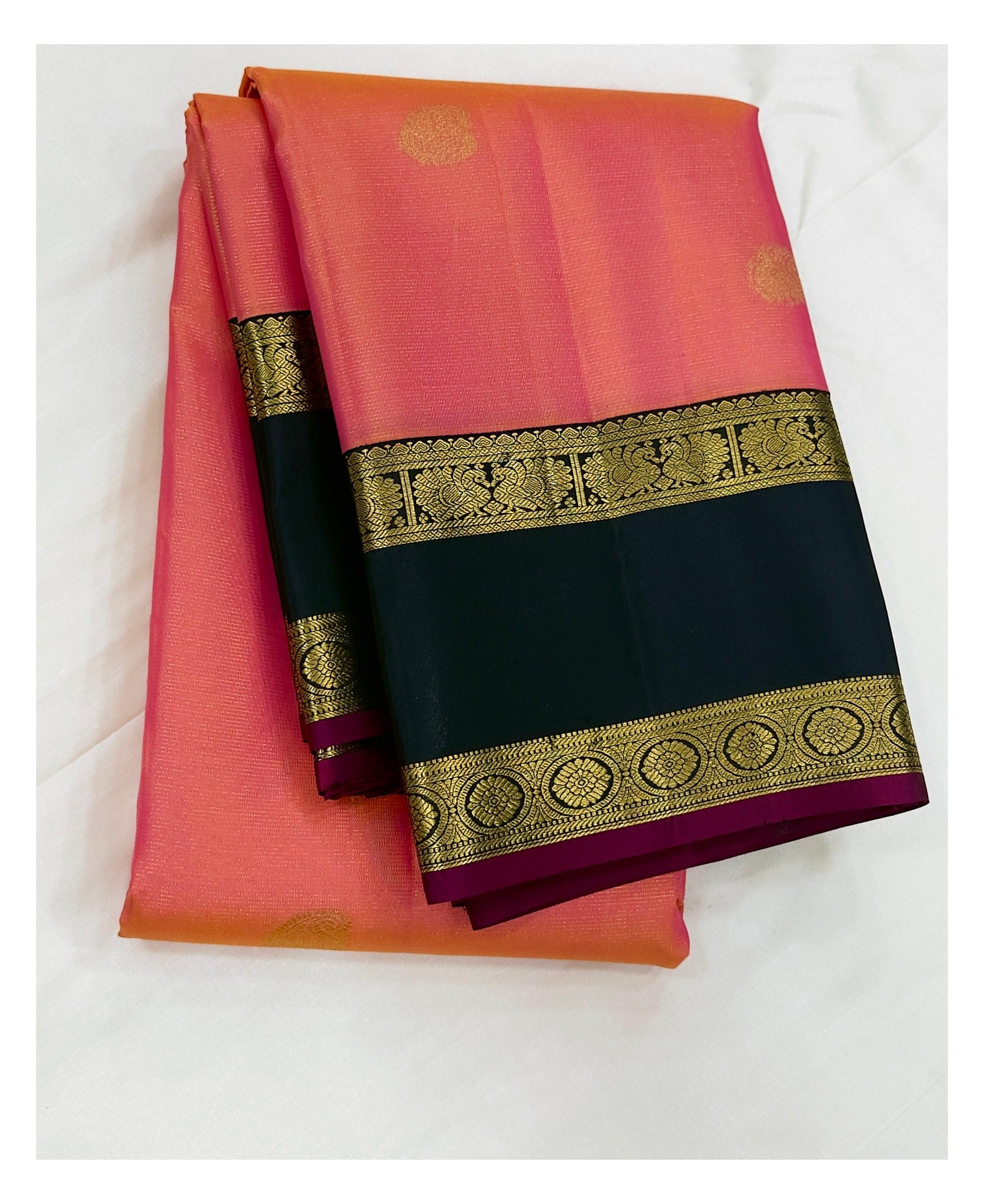 Coral Pink Handwoven Kanchipuram Silk Saree with Olive Green Pallu front view