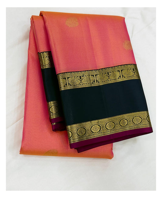 Coral Pink Handwoven Kanchipuram Silk Saree with Olive Green Pallu front view