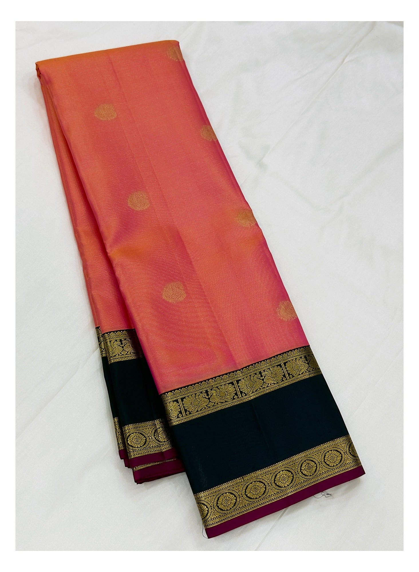 Coral Pink Handwoven Kanchipuram Silk Saree with Olive Green Pallu
