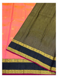 Coral Pink Handwoven Kanchipuram Silk Saree with Olive Green Pallu