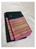 Dark Green Handwoven Kanchipuram Silk Saree with Pink Zari Border front view