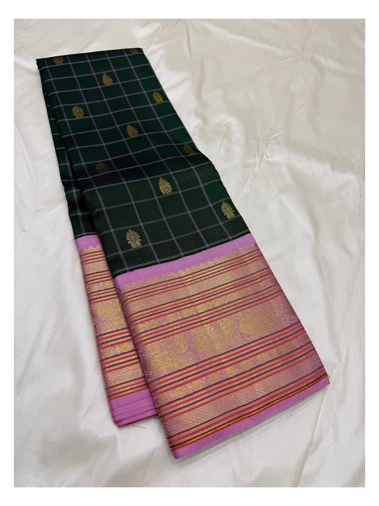 Dark Green Handwoven Kanchipuram Silk Saree with Pink Zari Border