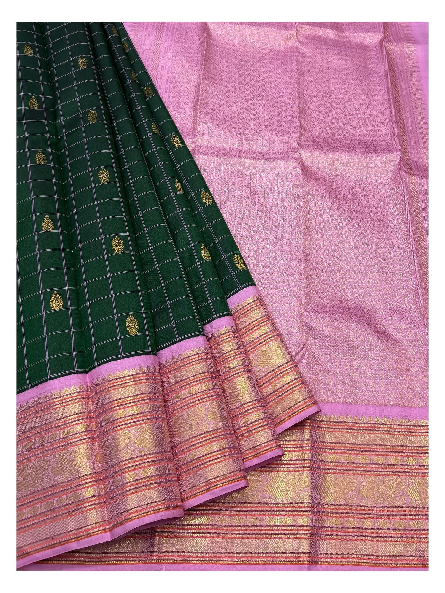 Dark Green Handwoven Kanchipuram Silk Saree with Pink Zari Border