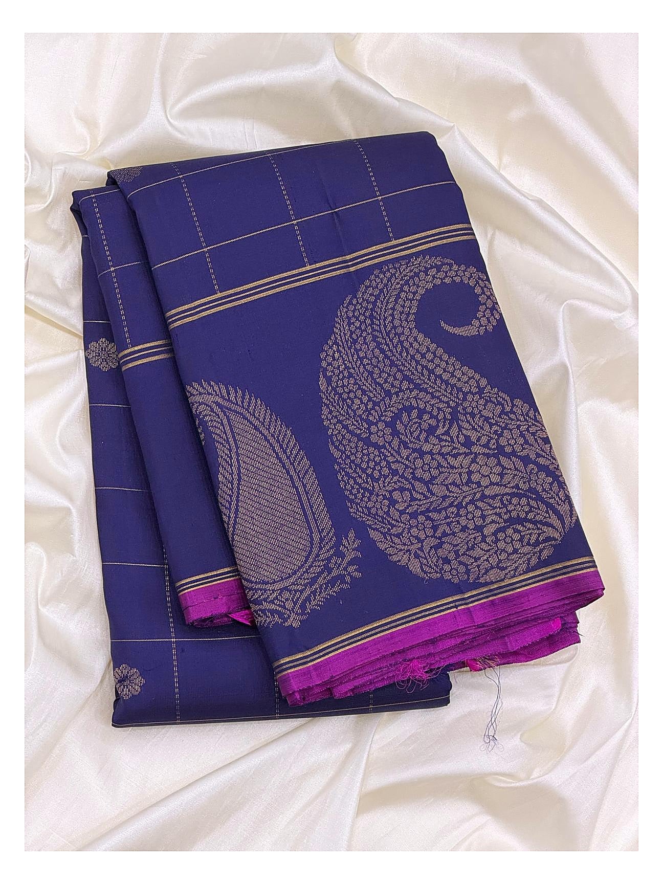 Deep Cobalt Blue Handwoven Kanchipuram Silk Saree with Gold Butta Checks and Violet Pink Contrast Pallu