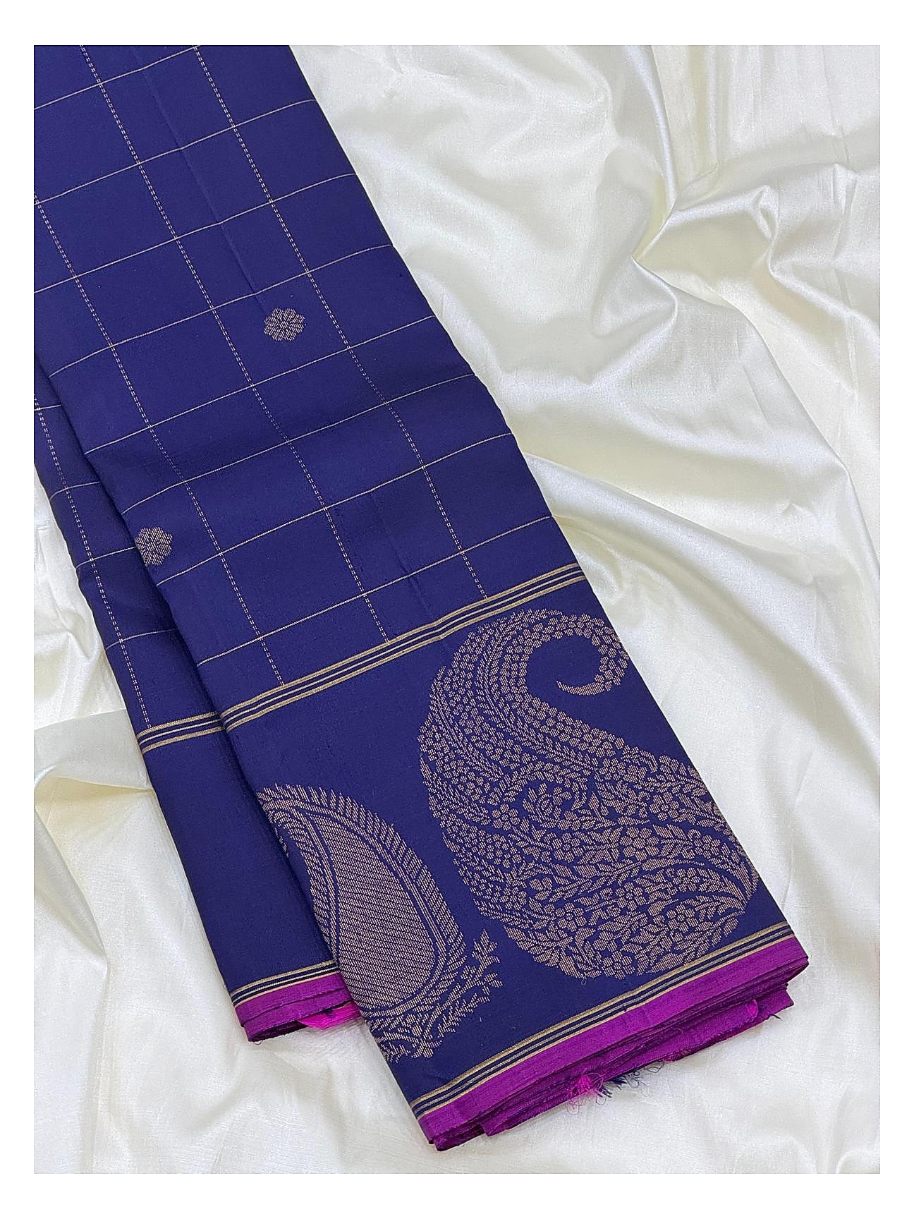 Deep Cobalt Blue Handwoven Kanchipuram Silk Saree with Gold Butta Checks and Violet Pink Contrast Pallu