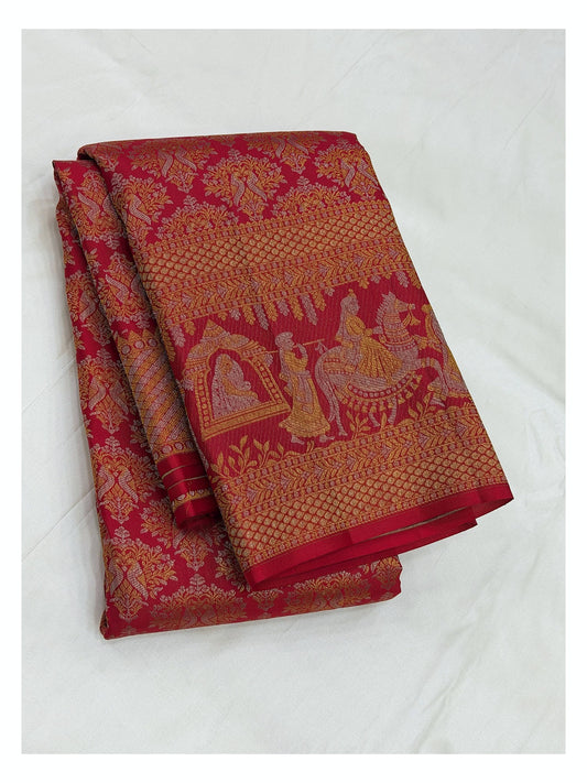 Deep Magenta Handwoven Kanchipuram Silk Saree with Gold Bird Motifs and Broad Figurative Pallu front view
