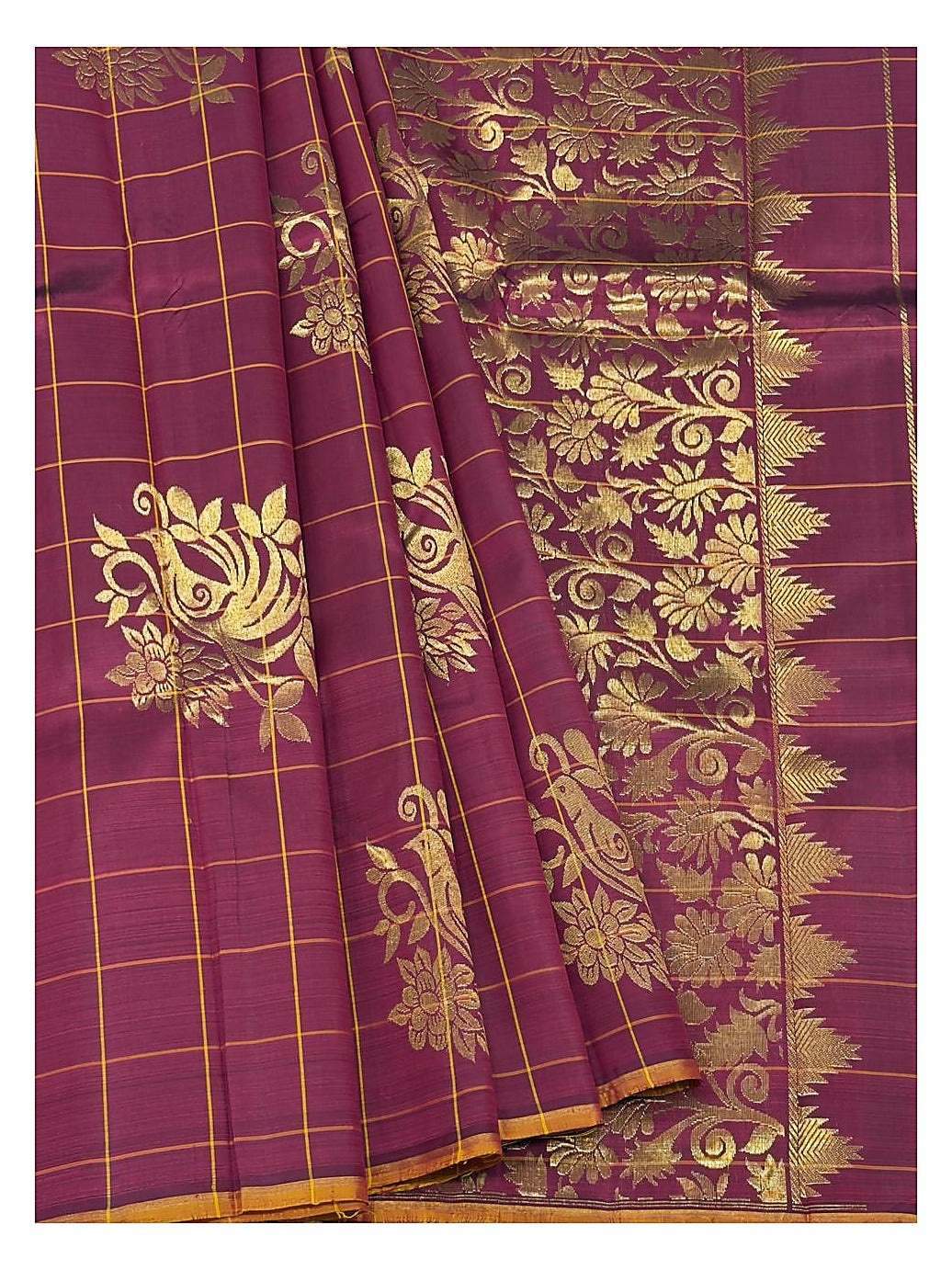 Deep Magenta Handwoven Kanchipuram Silk Saree with Gold Check Weave and Bird Motifs front view