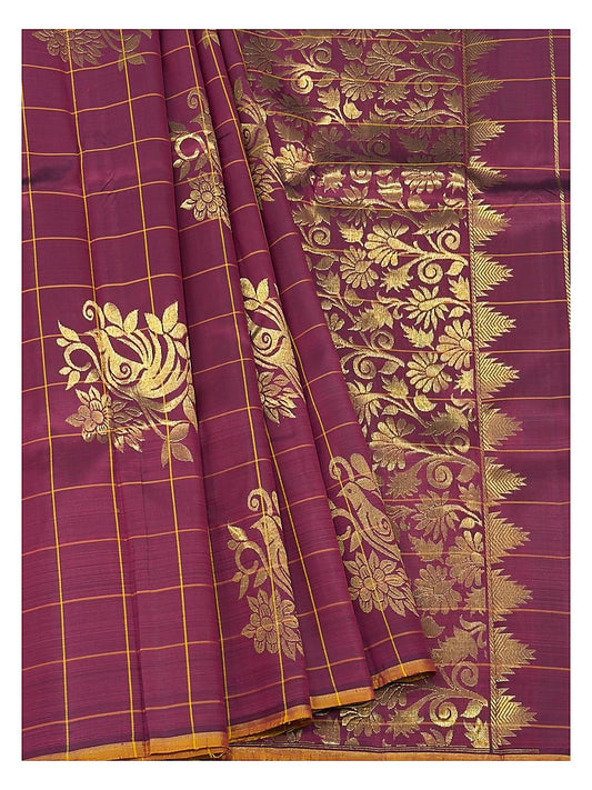 Deep Magenta Handwoven Kanchipuram Silk Saree with Gold Check Weave and Bird Motifs front view
