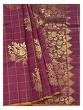 Deep Magenta Handwoven Kanchipuram Silk Saree with Gold Check Weave and Bird Motifs front view