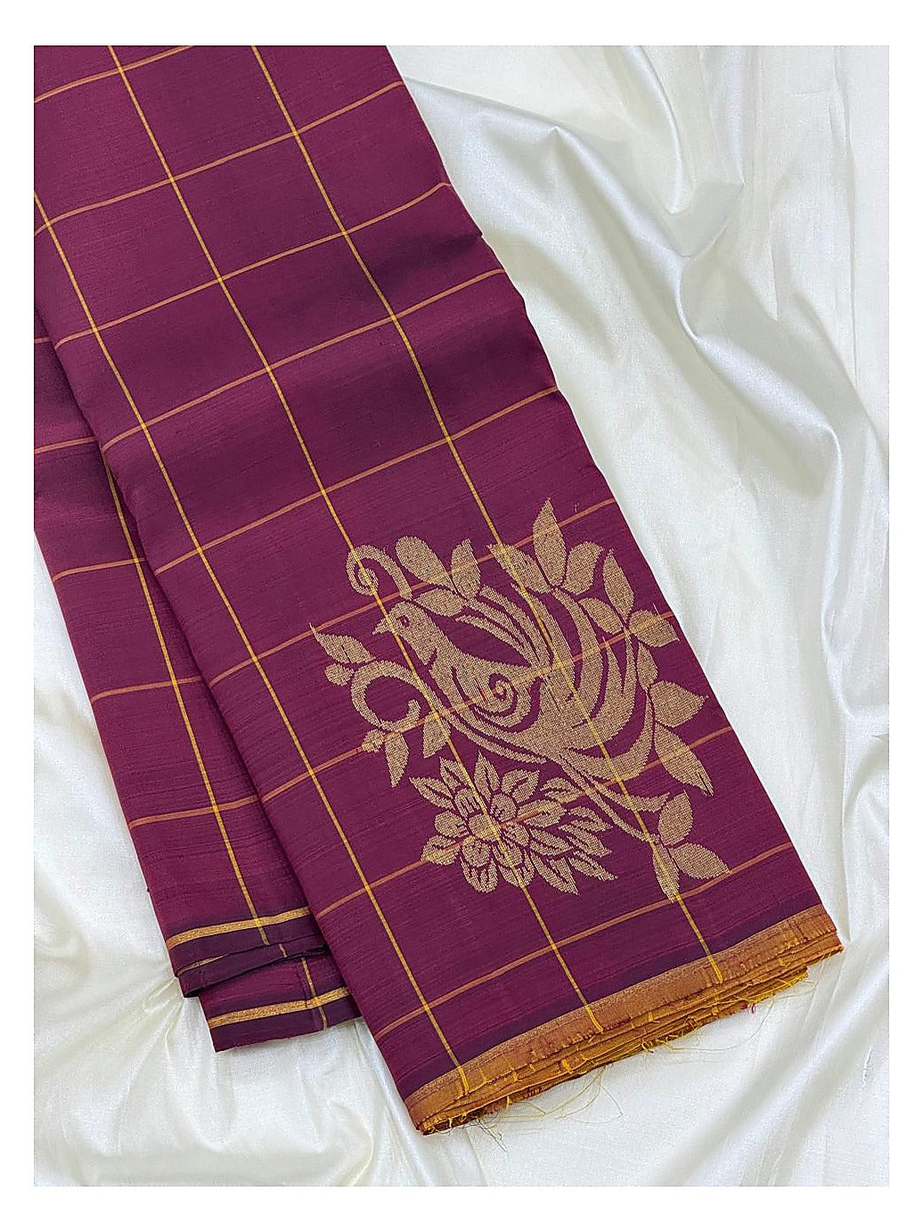 Deep Magenta Handwoven Kanchipuram Silk Saree with Gold Check Weave and Bird Motifs