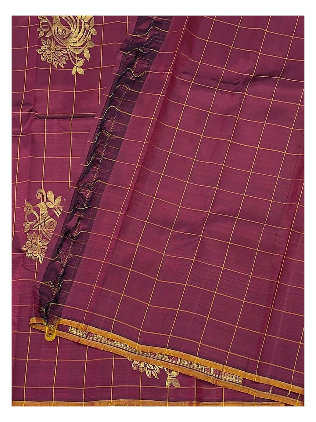 Deep Magenta Handwoven Kanchipuram Silk Saree with Gold Check Weave and Bird Motifs