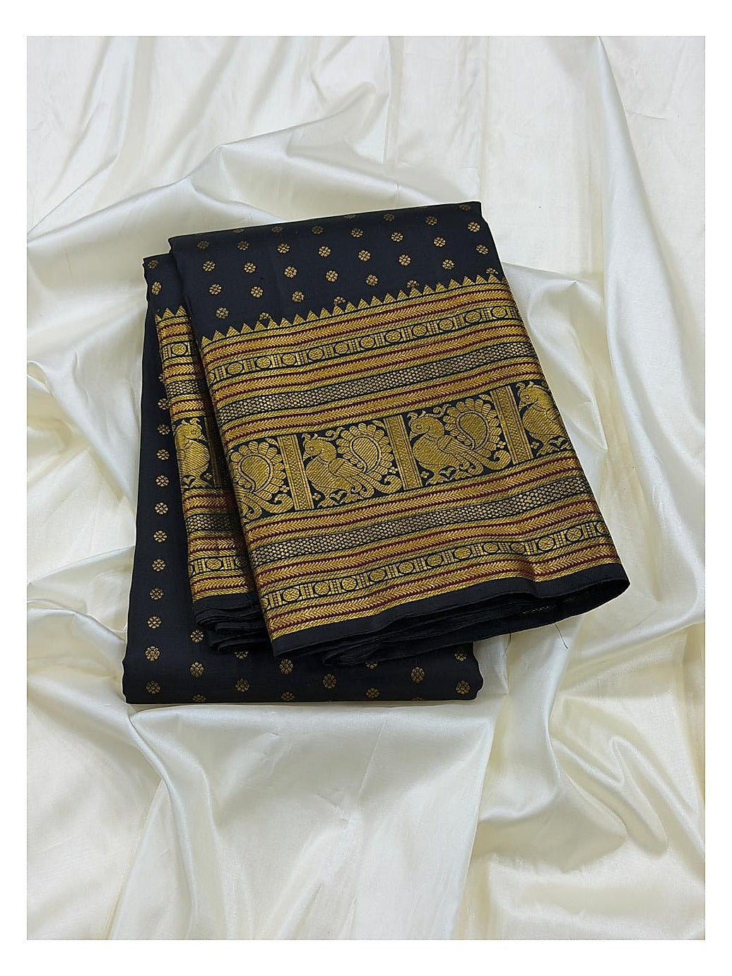 Deep Navy Handwoven Kanchipuram Silk Saree with Gold Buttas and Ornate Zari Border front view