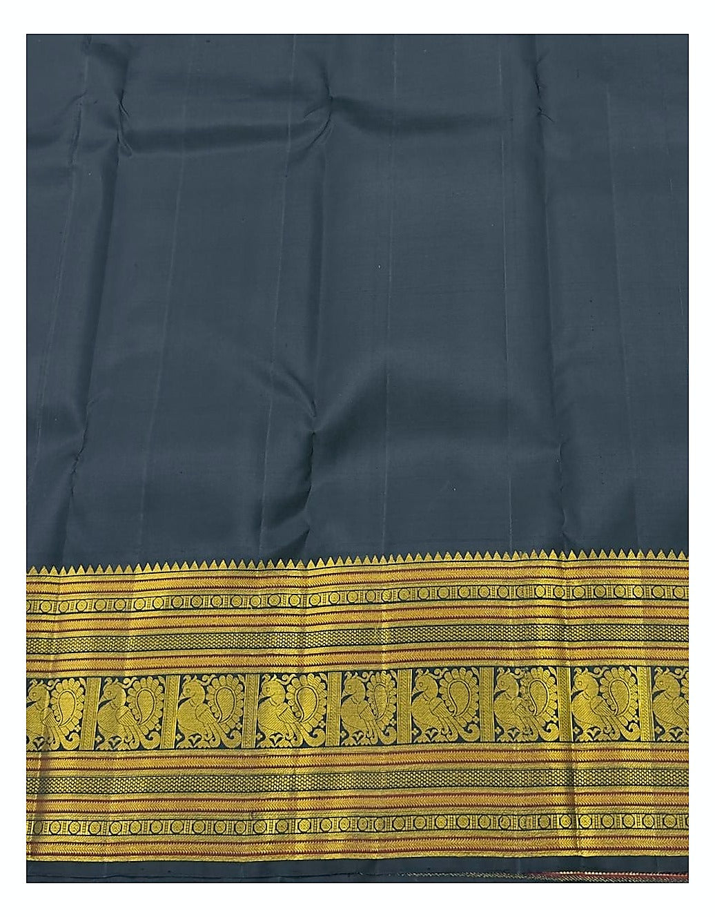 Deep Navy Handwoven Kanchipuram Silk Saree with Gold Buttas and Ornate Zari Border