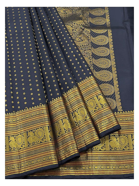 Deep Navy Handwoven Kanchipuram Silk Saree with Gold Buttas and Paisley Pallu front view