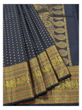 Deep Navy Handwoven Kanchipuram Silk Saree with Gold Buttas and Paisley Pallu front view