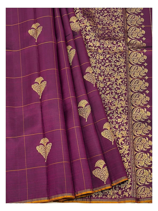 Deep Plum Magenta Handwoven Kanchipuram Silk Saree with Gold Leaf Butta Checks and Antique Zari Border front view