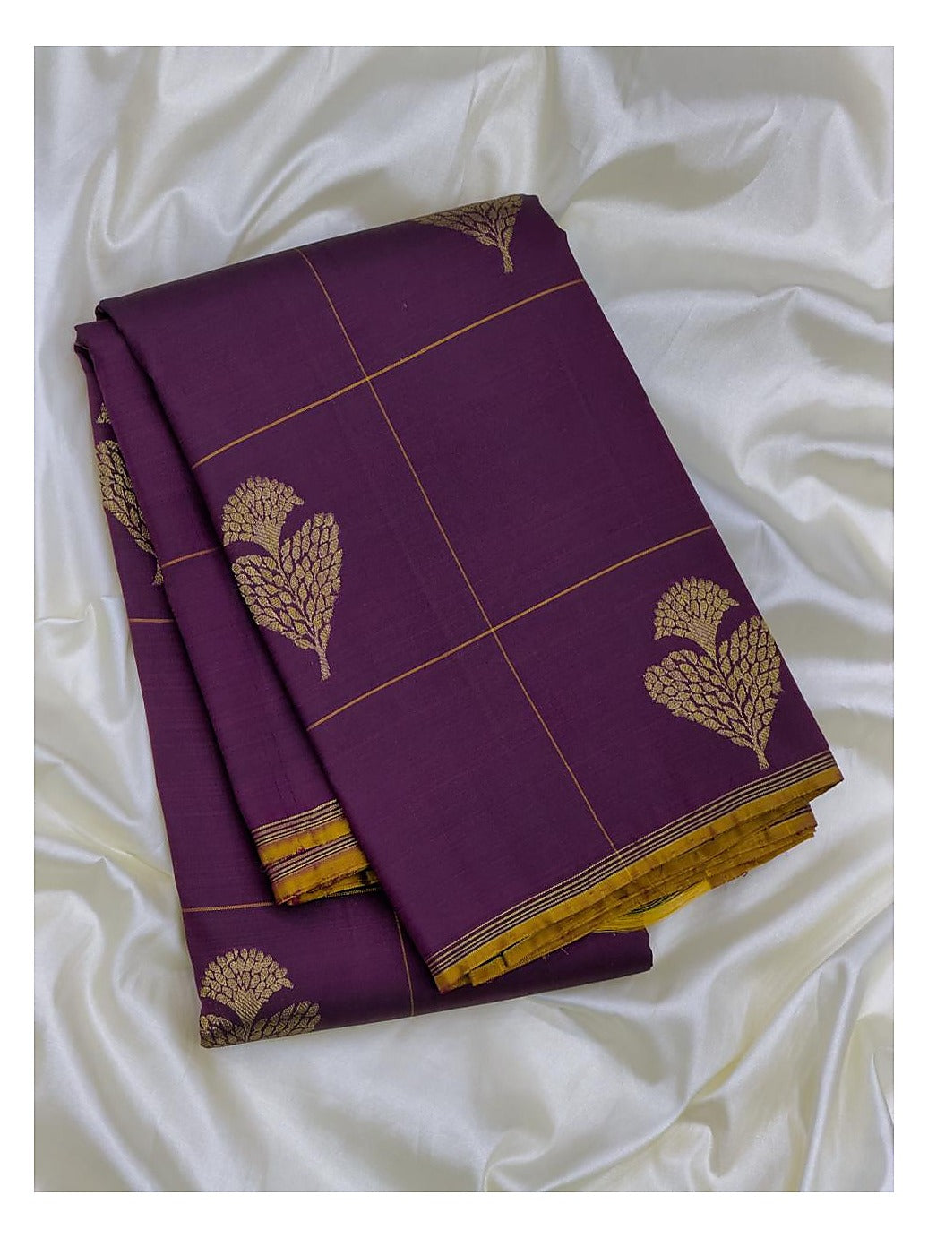 Deep Plum Magenta Handwoven Kanchipuram Silk Saree with Gold Leaf Butta Checks and Antique Zari Border