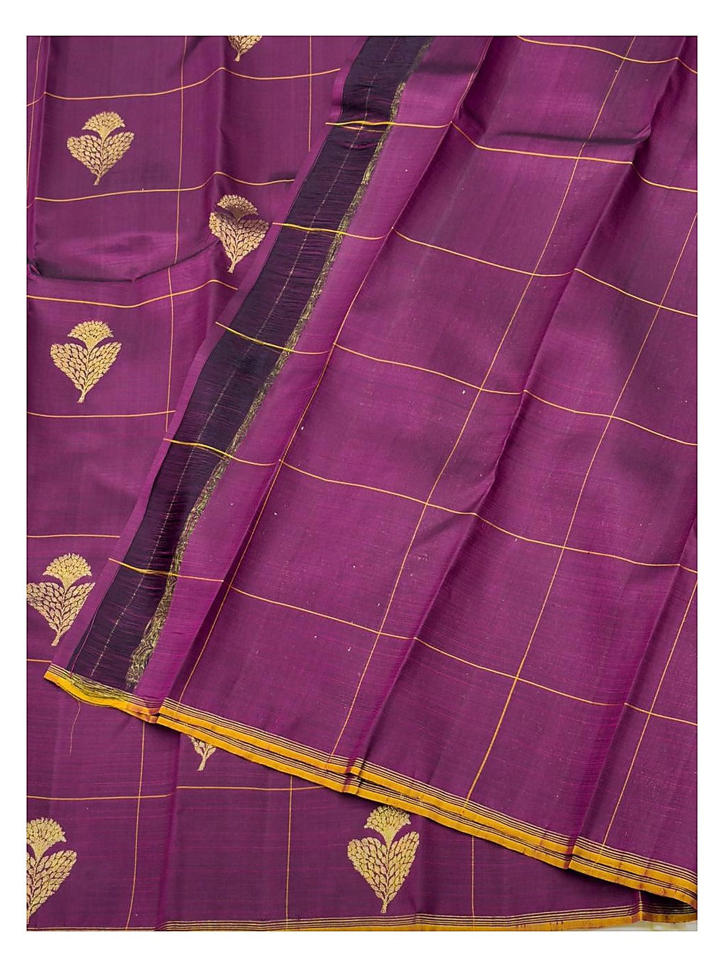 Deep Plum Magenta Handwoven Kanchipuram Silk Saree with Gold Leaf Butta Checks and Antique Zari Border