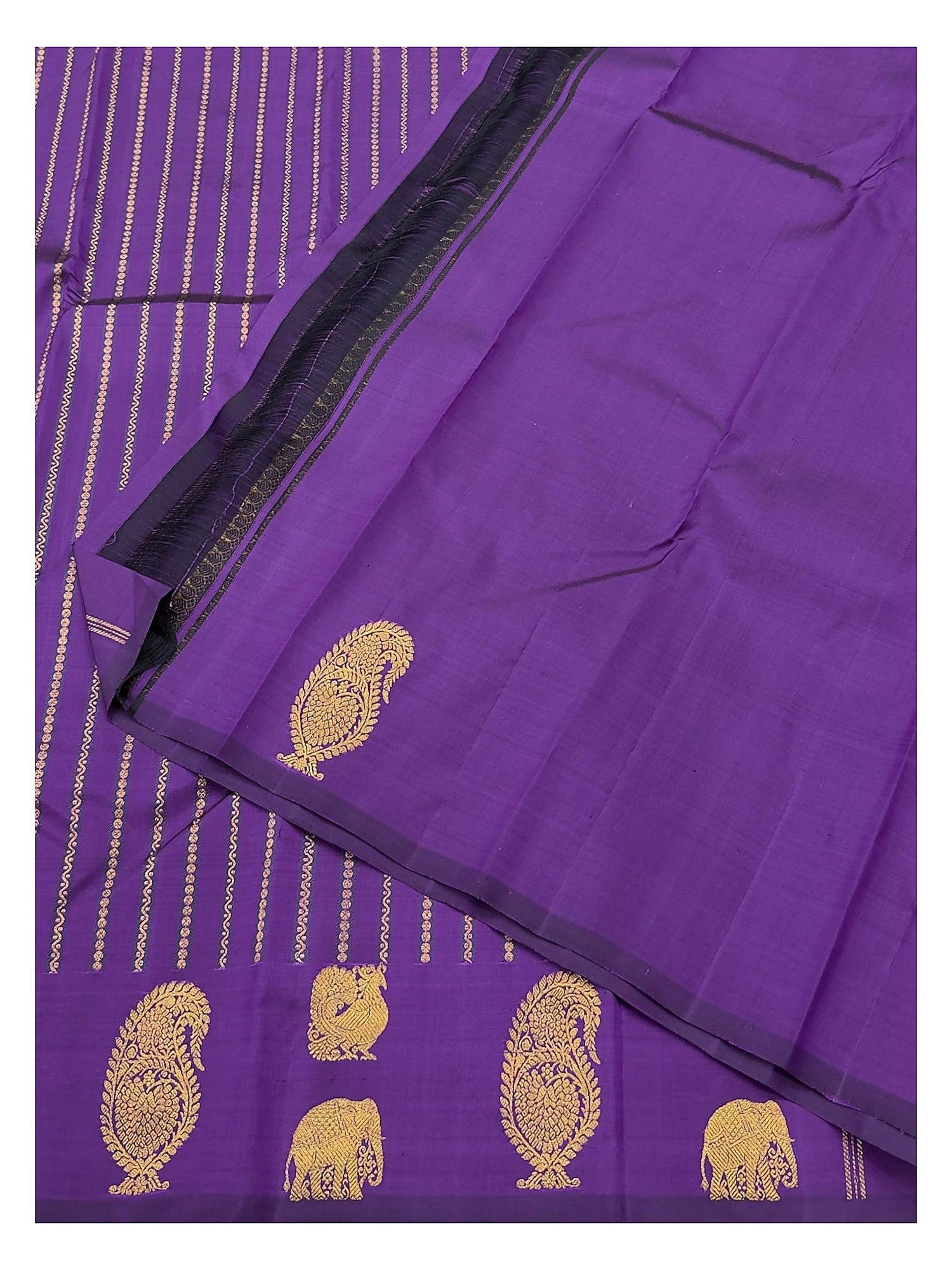 Deep Purple Handwoven Kanchipuram Silk Saree with Elephant and Peacock Motifs
