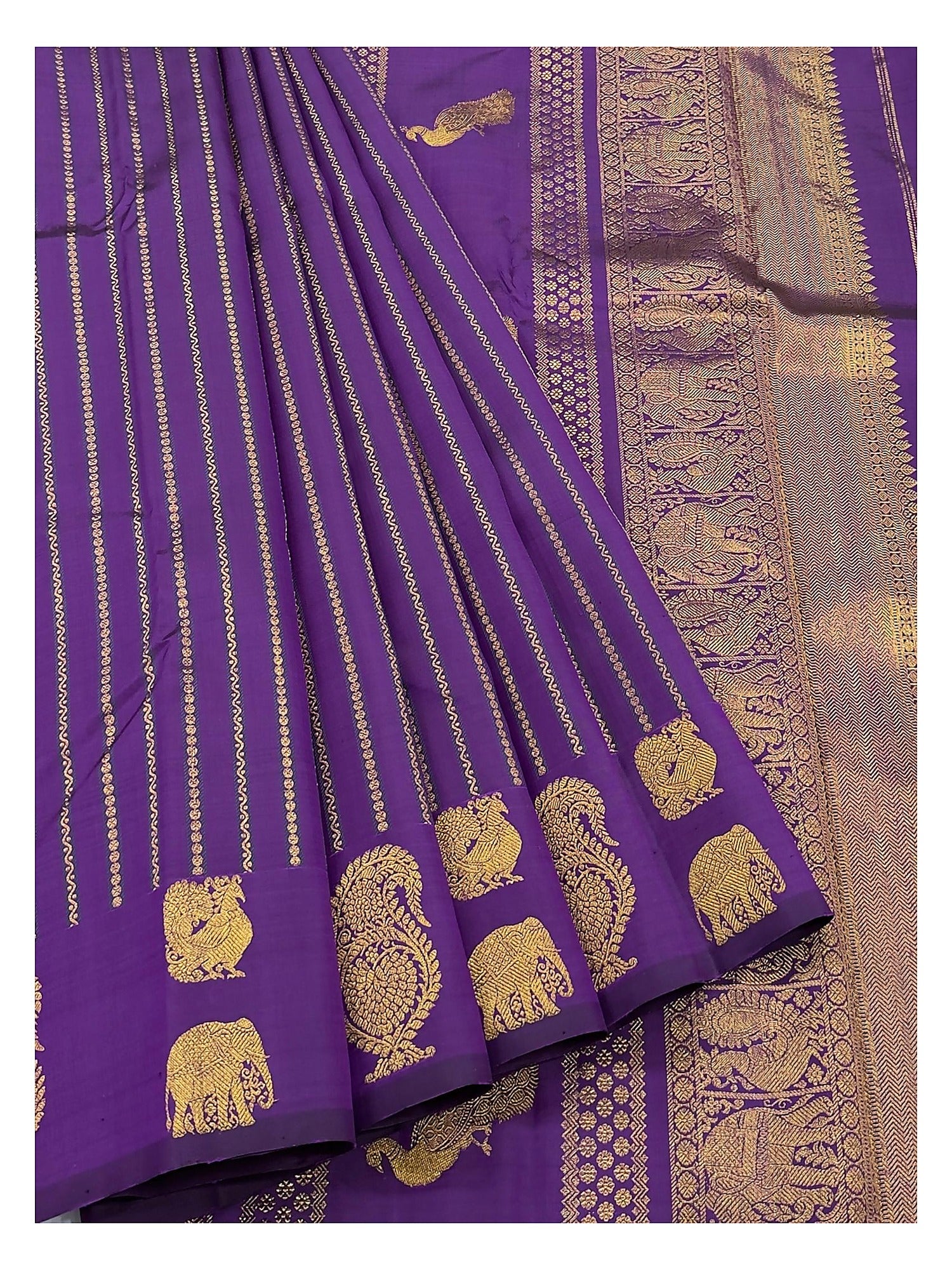 Deep Purple Handwoven Kanchipuram Silk Saree with Elephant and Peacock Motifs