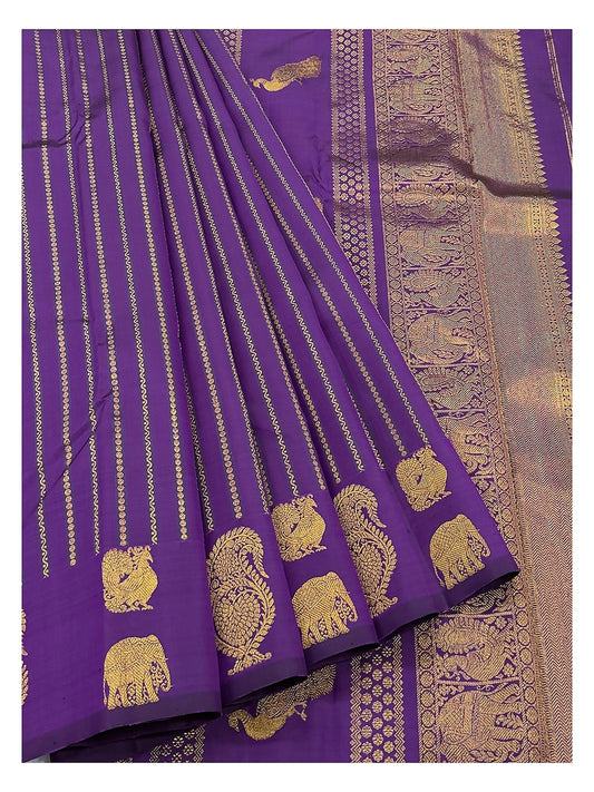 Deep Purple Handwoven Kanchipuram Silk Saree with Elephant and Peacock Motifs