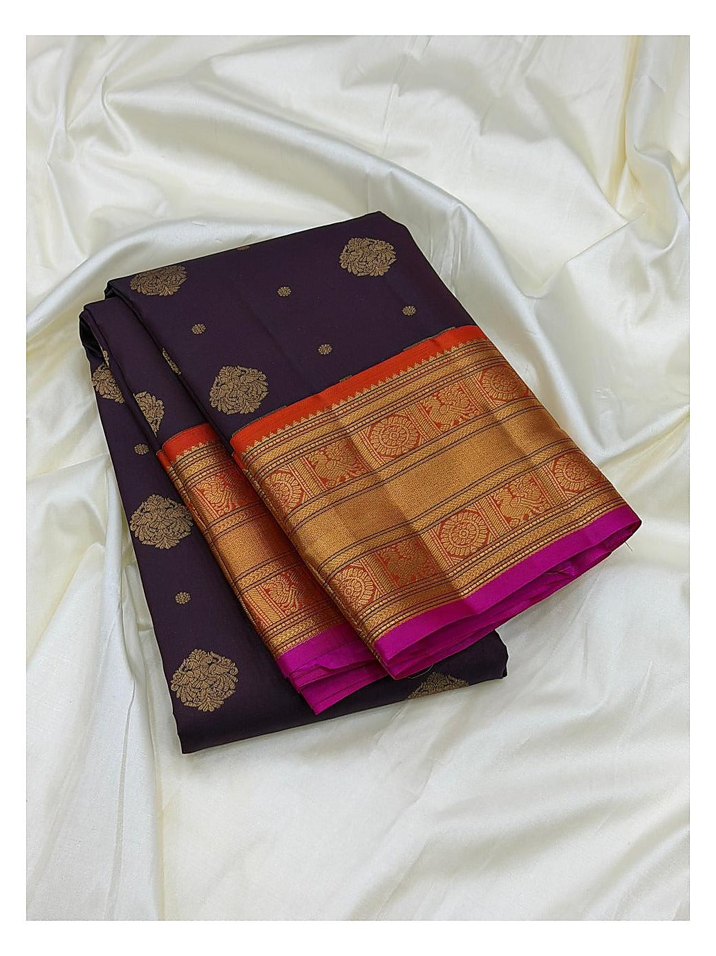 Deep Purple Pure Silk Saree with Gold Buttas and Contrast Orange Pallu front view