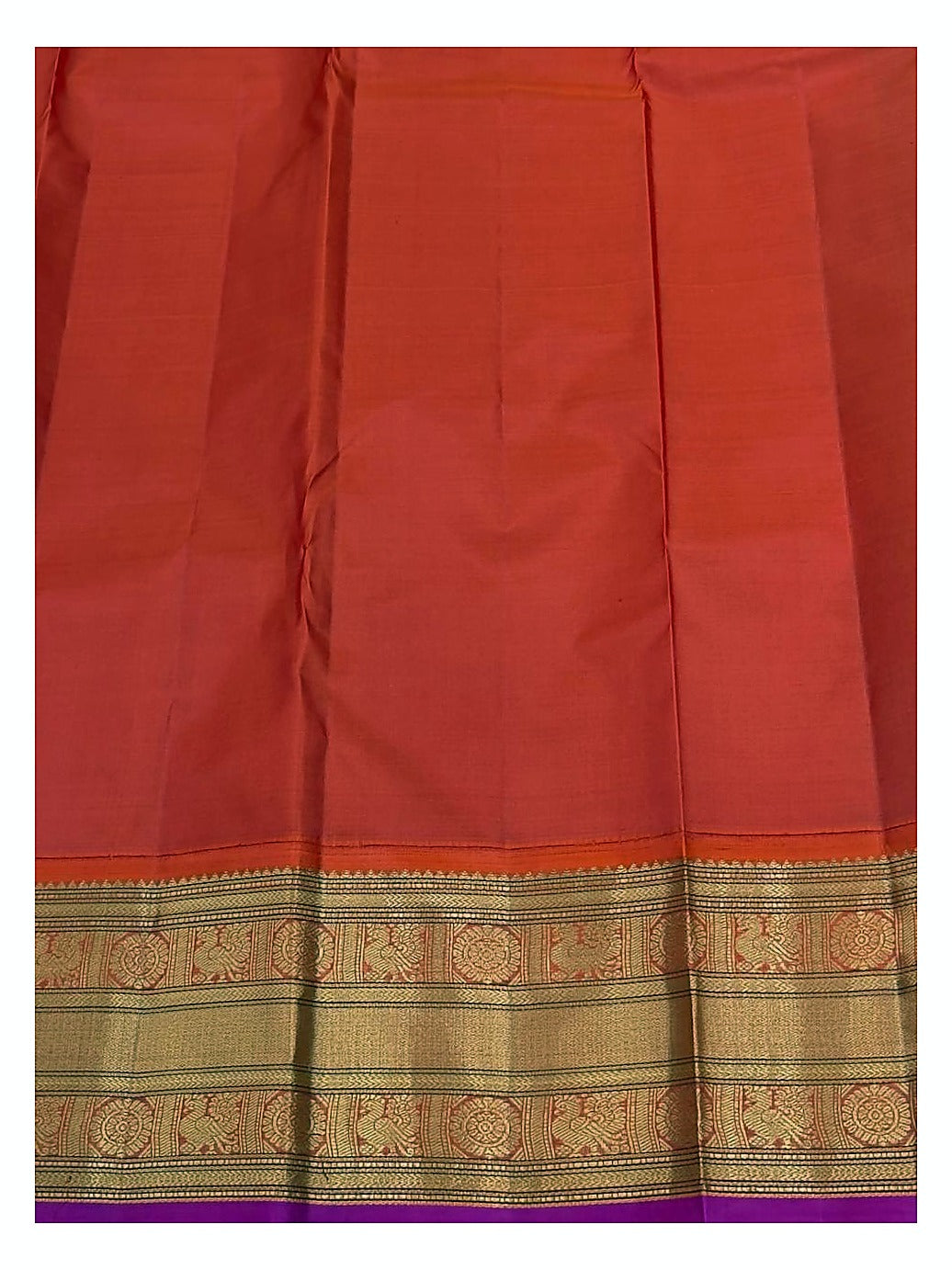 Deep Purple Pure Silk Saree with Gold Buttas and Contrast Orange Pallu