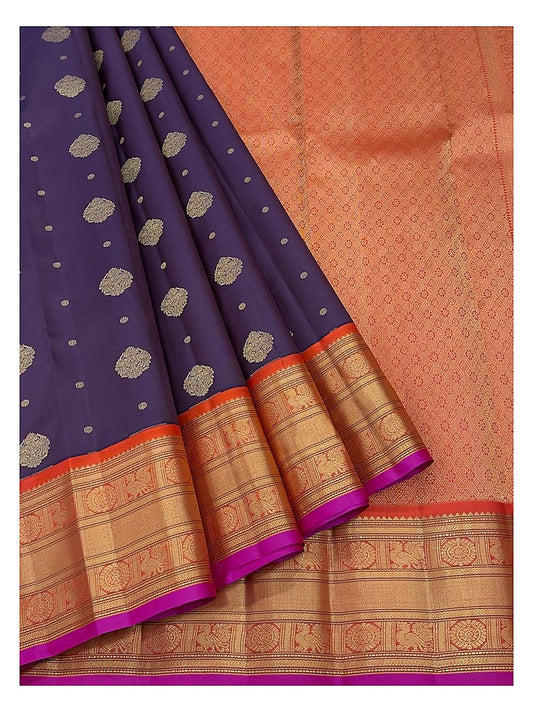 Deep Purple Pure Silk Saree with Gold Buttas and Contrast Orange Pallu