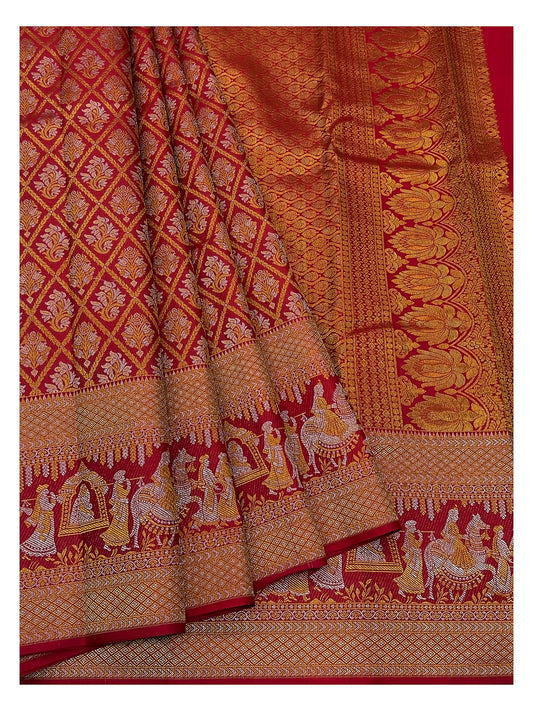 Deep Red Handwoven Kanchipuram Silk Saree with Figurative Pallu Border front view