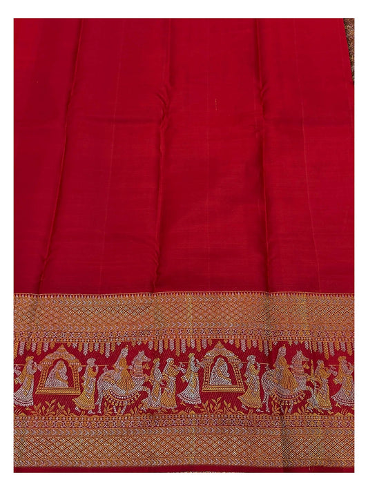 Deep Red Handwoven Kanchipuram Silk Saree with Figurative Pallu Border