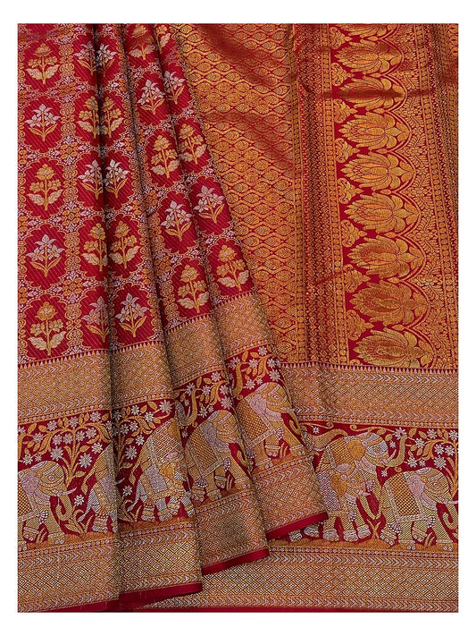 Deep Red Handwoven Kanchipuram Silk Saree with Floral Buttas, Elephant Border and Lotus Zari Pallu front view
