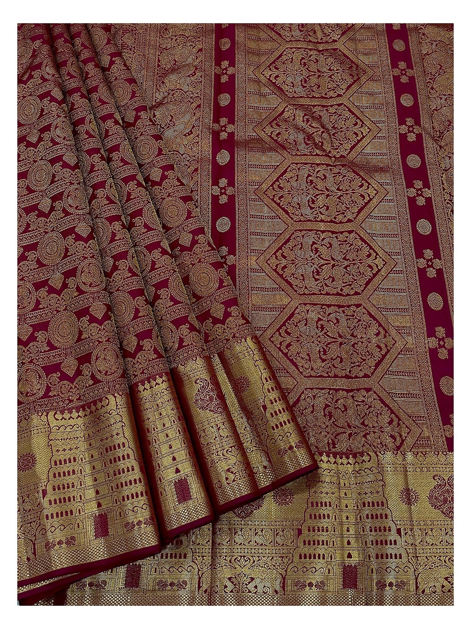 Deep Red Handwoven Kanchipuram Silk Saree with Gold Temple Motif Pallu front view