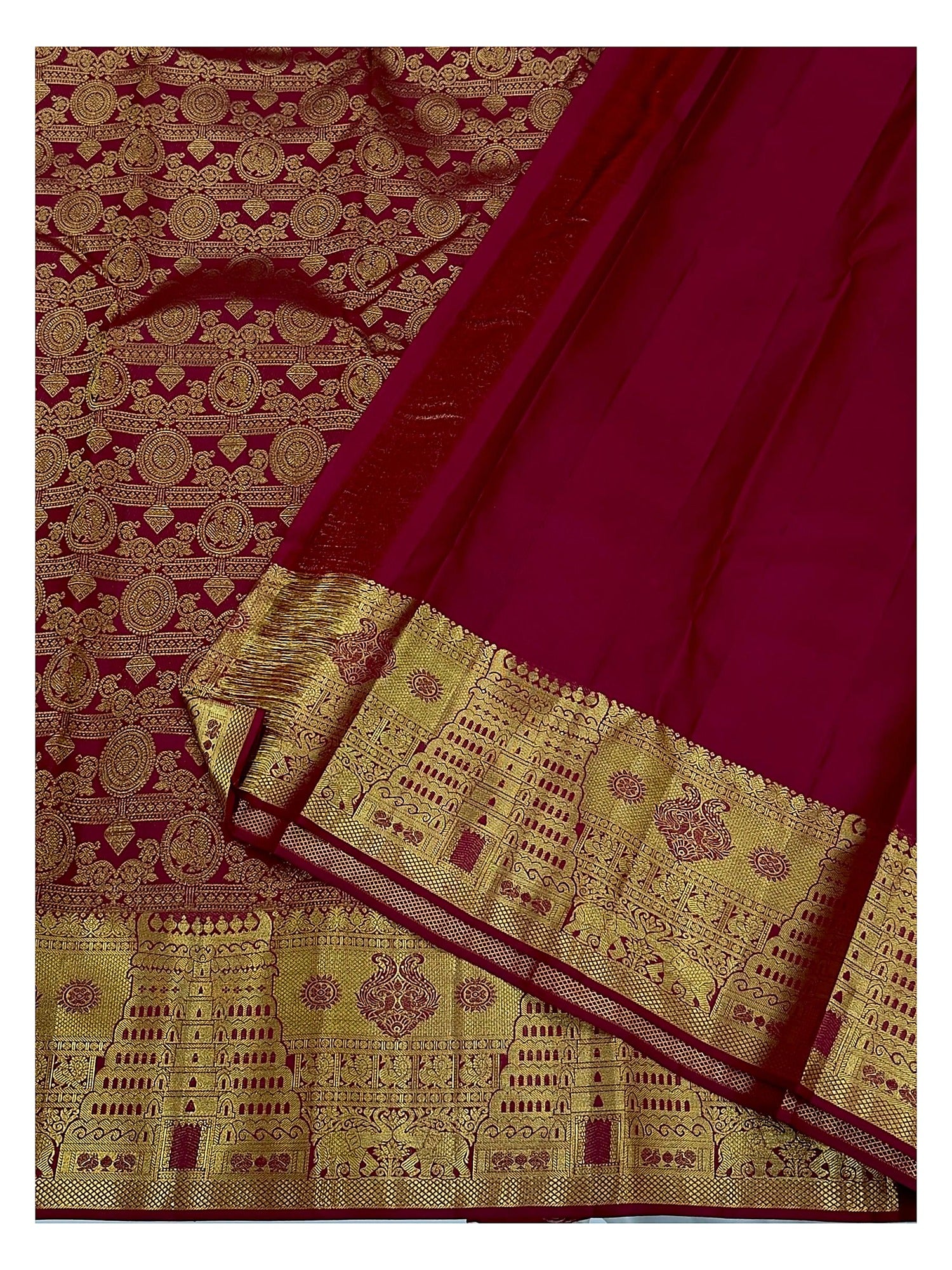 Deep Red Handwoven Kanchipuram Silk Saree with Gold Temple Motif Pallu front view