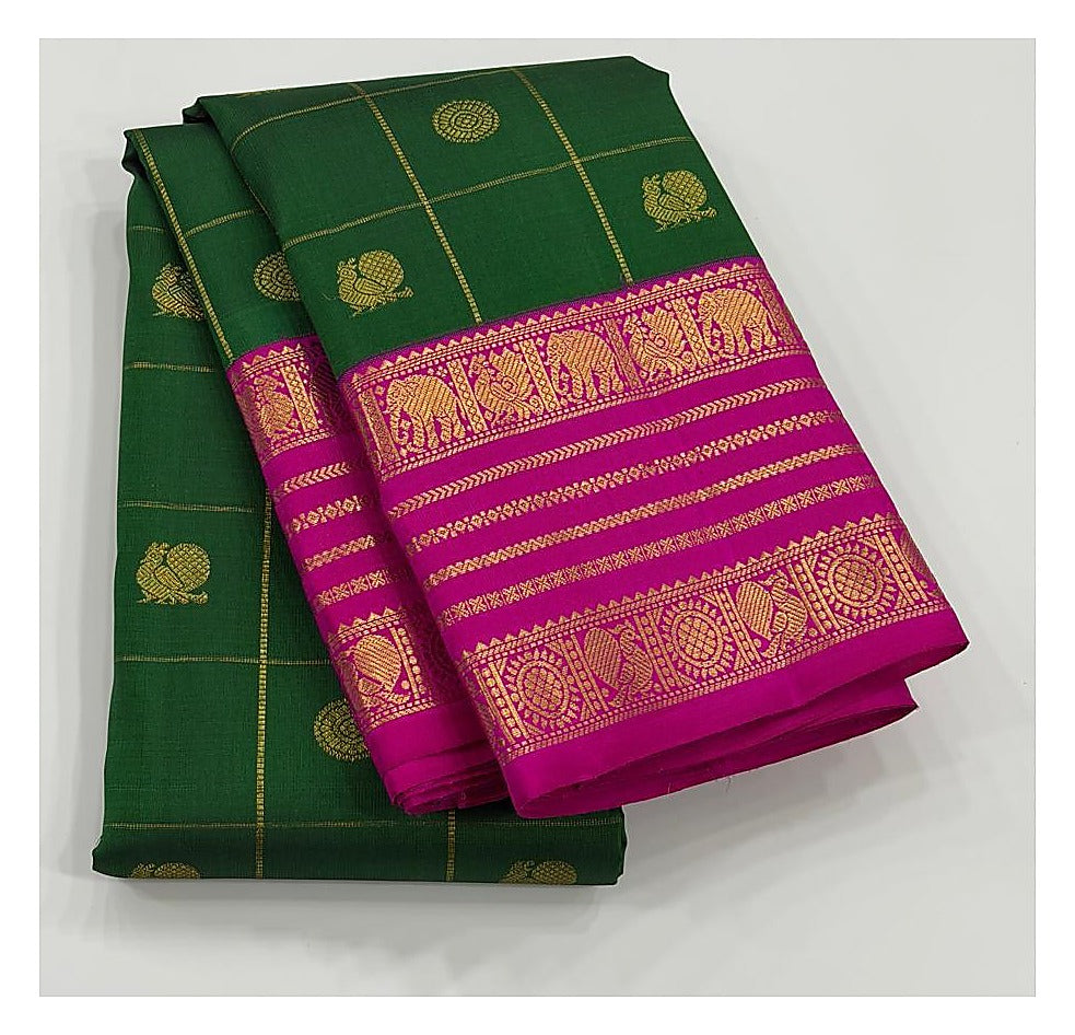 Emerald Green Handwoven Kanchipuram Silk Saree with Magenta Elephant Zari Border front view