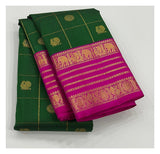 Emerald Green Handwoven Kanchipuram Silk Saree with Magenta Elephant Zari Border front view