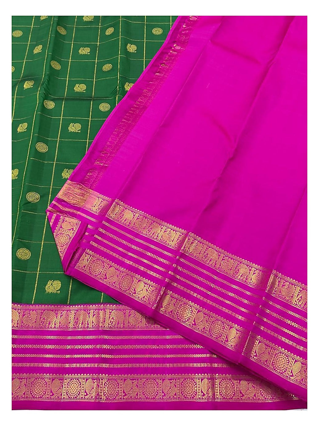 Emerald Green Handwoven Kanchipuram Silk Saree with Magenta Elephant Zari Border