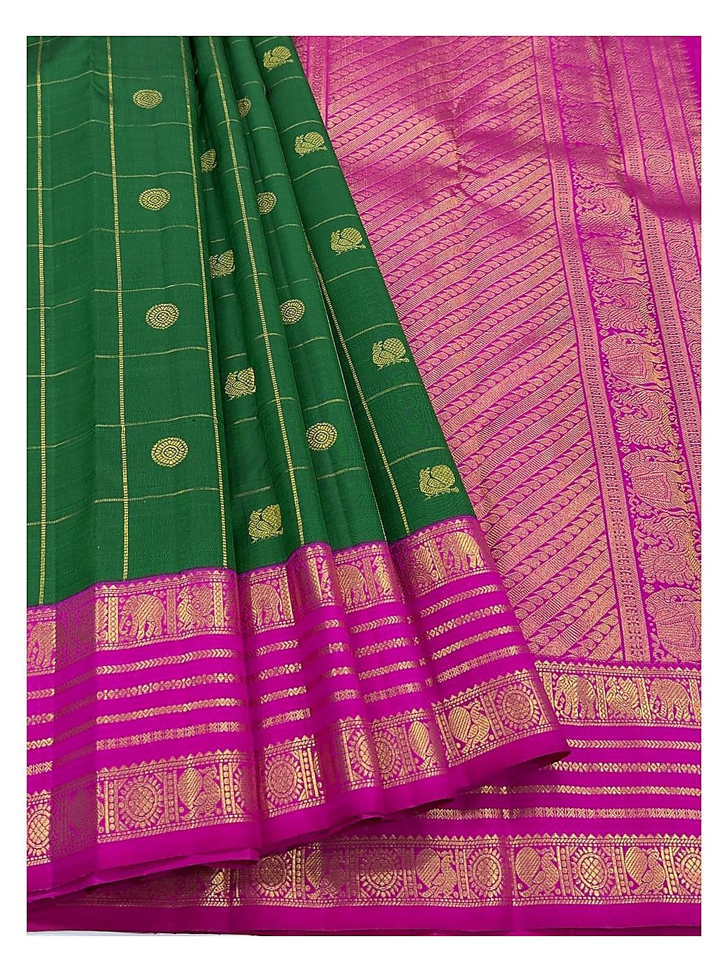 Emerald Green Handwoven Kanchipuram Silk Saree with Magenta Elephant Zari Border